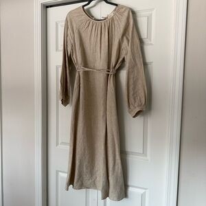100% Linen Puff Sleeve Drawstring Waist Maxi Dress
